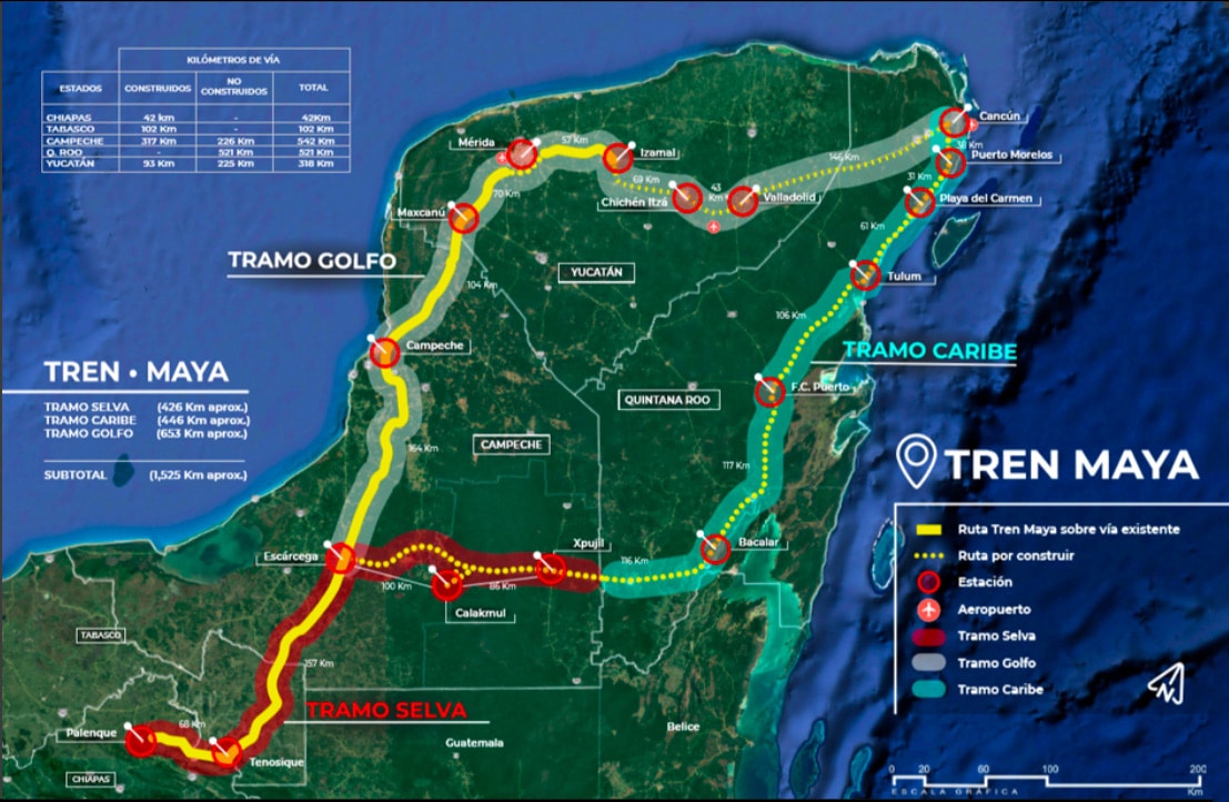 The Mexico Maya train route map. Cancun, Playa del Carmen & Tulum.